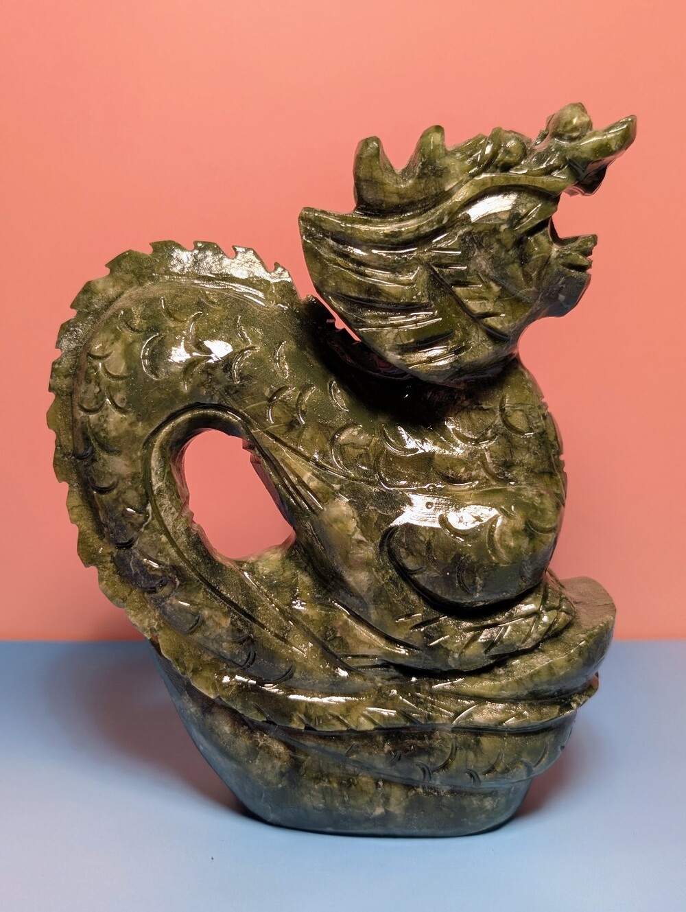 Hand-Carved Green Serpentine Dragon Sculpture - 6.7"H x 5.5"W x 2.4"D